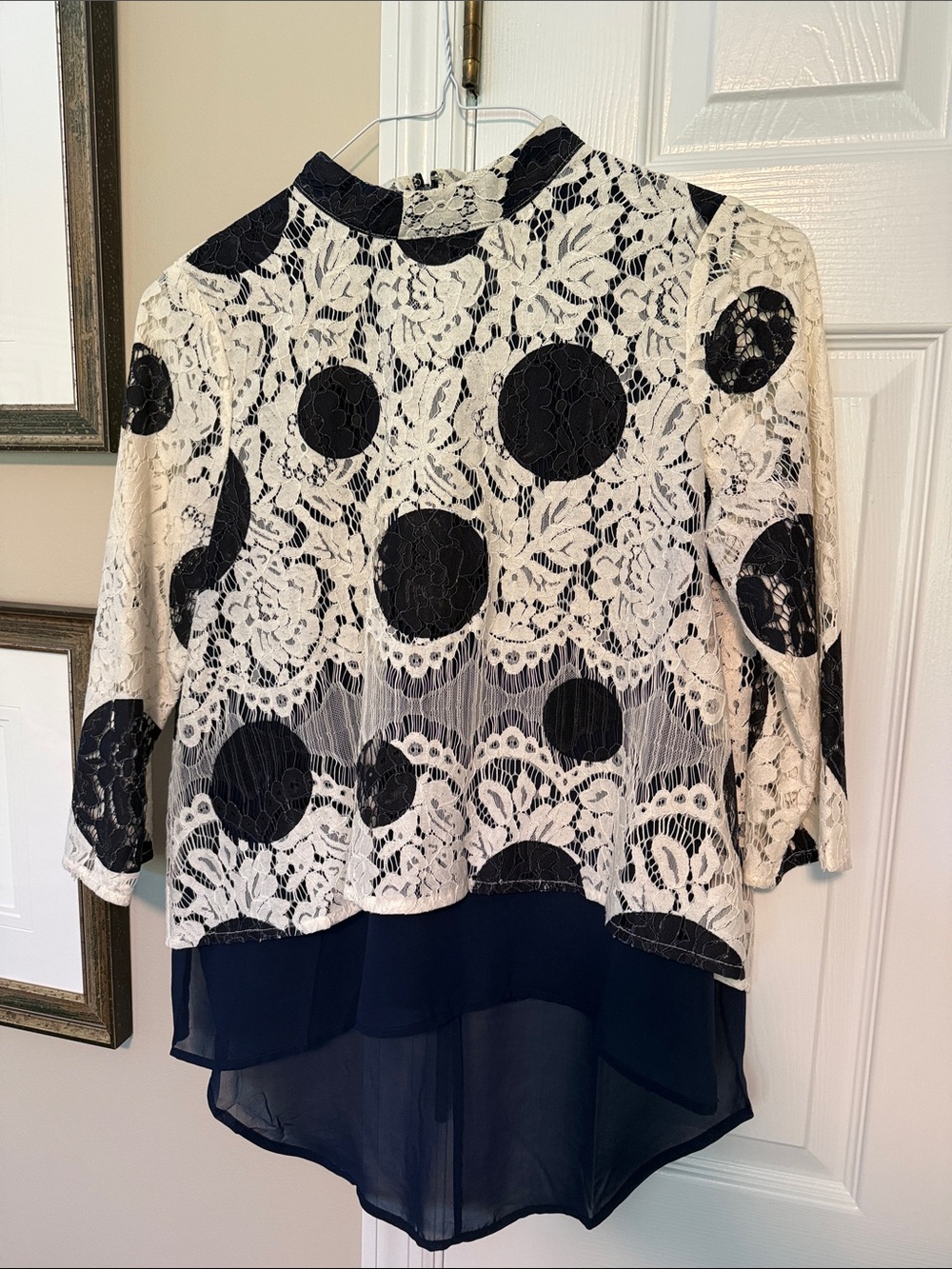 Anthropologie Cream Lace Tunic with Black Polka Dot Overlay